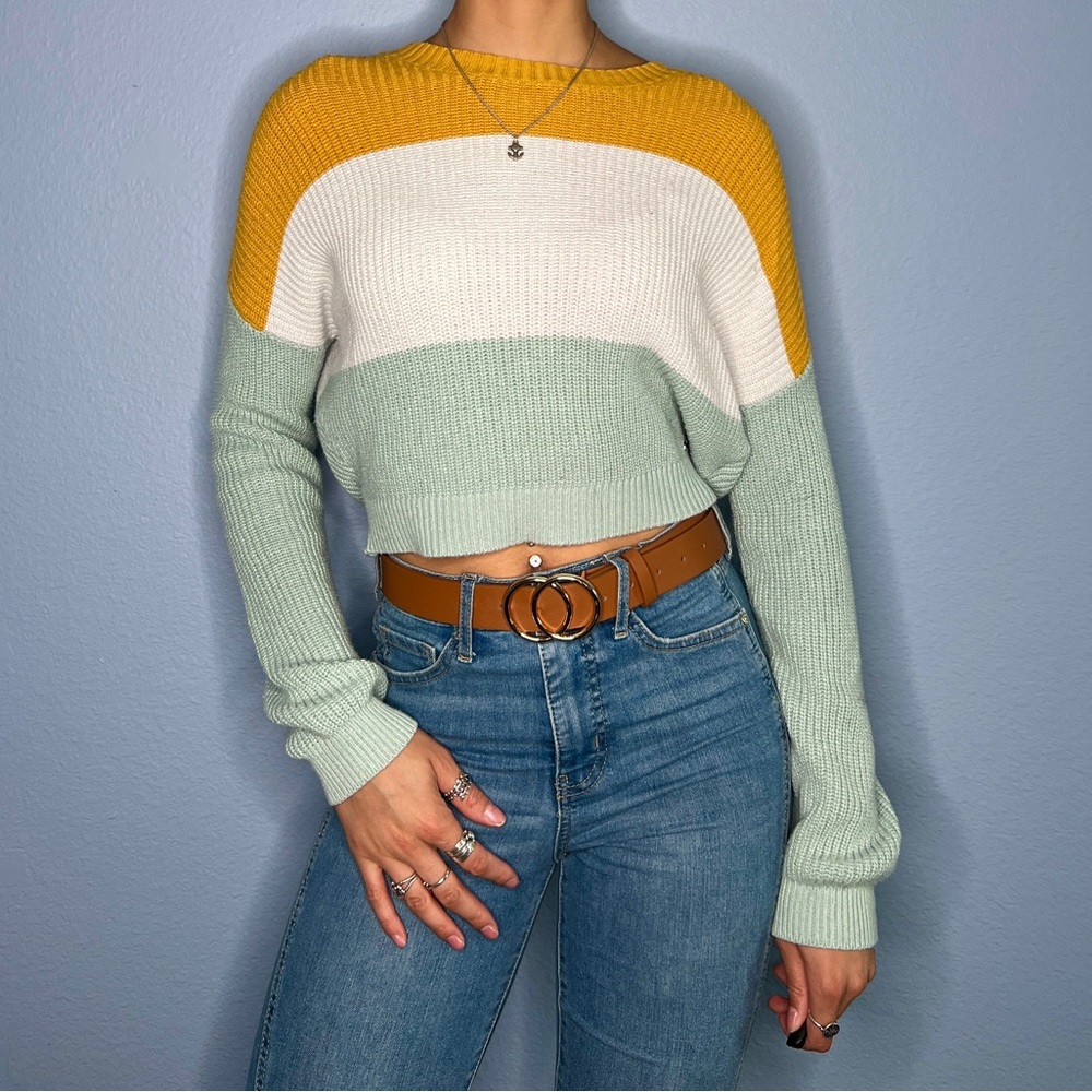 Knitted Tri-Color Crop Sweater